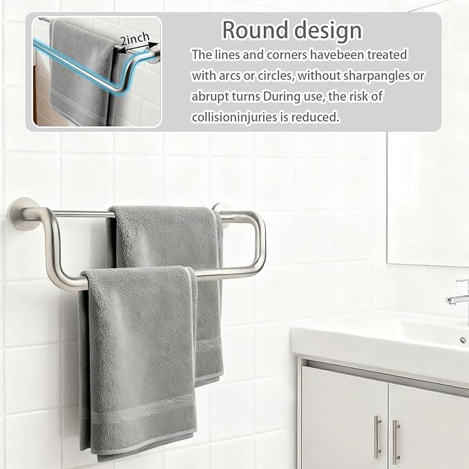 Double Towel Bar,Towel Rack for Bathroom,16 Inch Brushed Steel Towel Holder, Bath Towel Rack for Bathroom Wall Mounted,SUS304 Brushed Stainless Steel,Silver