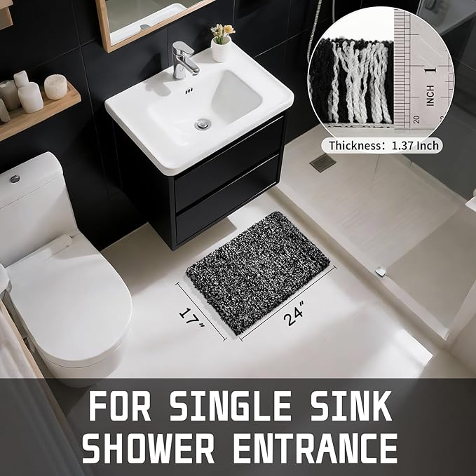 Yimobra Black and White Bathroom Rugs Non Slip Washable, Ultra Soft and Water Absorbent Bath Mats, Plush Fluffy Shower Mat Outside, Microfiber Thick Matts for Bathroom Floor/Sink, 24x17