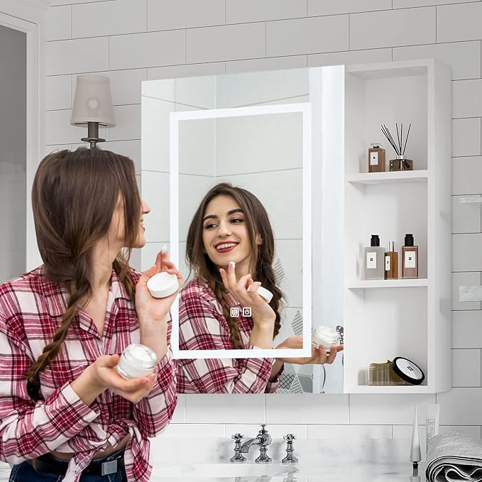 Led Medicine Cabinets with Storage,Wall Mounted Medicine Cabinet with Defogger,Bathroom Mirror Cabinet with 3 Light Adjustable Illuminated Medicine Cabinet Wall Mounted with US Plug 28X28Inch