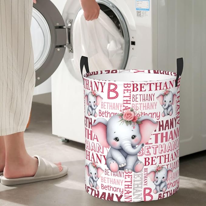 ZOE DAVISON Custom Elephant Laundry Baskets, Personalized Elephant Print Gifts with Customized Name, Collapsible Laundry Hamper for Kids Adults Home Decoration,16.5 X 13.8in