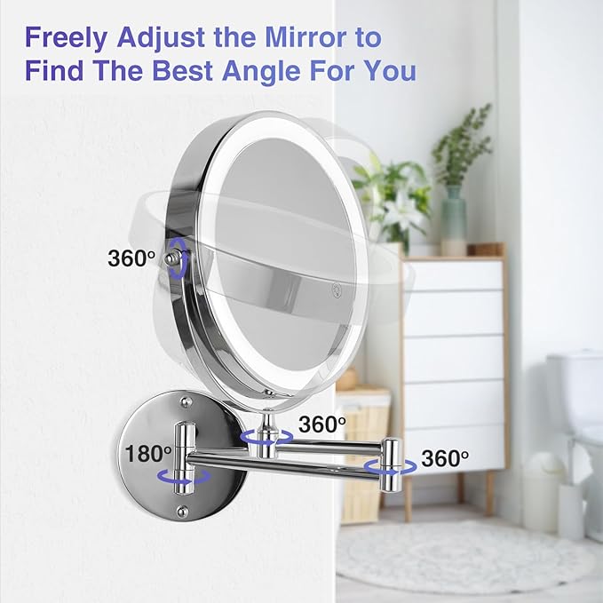 GREENFROM Wall Mounted Lighted Makeup Mirror: 8.5 Inch Double Sided Makeup Mirror with 1X/15X Magnification for Vanity, Bathroom, and Shaving - Chrome