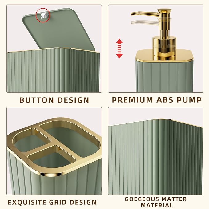 XLHOMO Bathroom Accessory Set - 26PC Bathroom Shower Curtain and Rug Set, Bathroom Accessories Set, Sage Green Bathroom Set with Trash Can, Toilet Brush, Qtip Holder & Soap Dispenser
