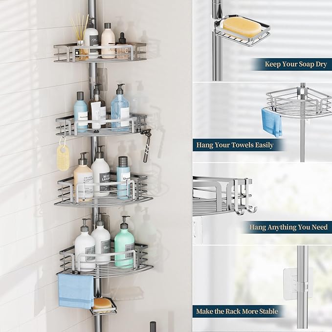Consumest Corner Shower Caddy Tension Pole - Rustproof Shower Shelves with Towel Bar & Soap Holder, Adjustable Bath Organizer for Bathroom Storage, 27.6-108.3 inch, Silver
