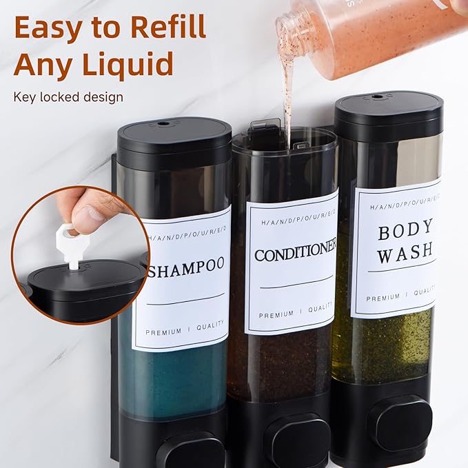 Shampoo and Conditioner Dispenser,Shower Soap Dispenser 3 Chamber No Drill Wall-Mounted for Bathroom & Hotel Leak-Proof Pumps, for Thick Liquids Like Conditioner - 1050ML High Capacity, Black