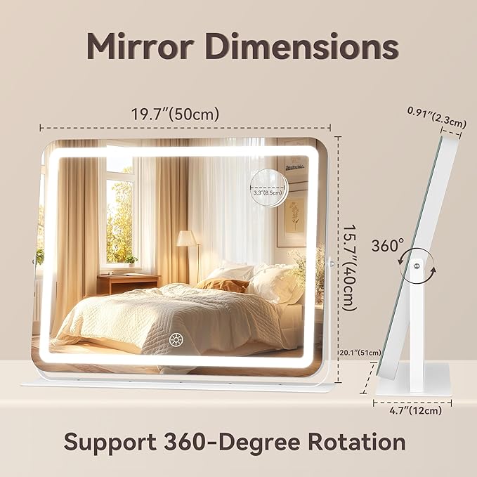 Hasipu Makeup Vanity Mirror with Lights, 20" L x 16" W LED Tabletop Make up Mirror for Desk, Lighting & Brightness Adjustment, 360°Rotation, 10x Magnification