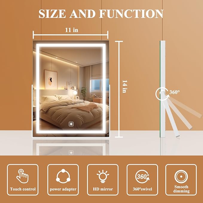 Gvnkvn Vanity Mirror with Lights, 11"× 14" LED Makeup Mirror, Lighted Makeup Mirror with Lights, Smart Touch Control Dimmable 3 Modes Light 360°Rotation White
