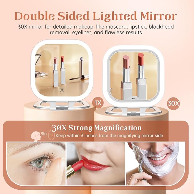 FASCINATE Compact Travel Makeup Mirror with Lights and Magnification, 3.5 inch Portable 1X/30X Magnifying Mirror with 3 Color Light, Folding, Handheld (White)