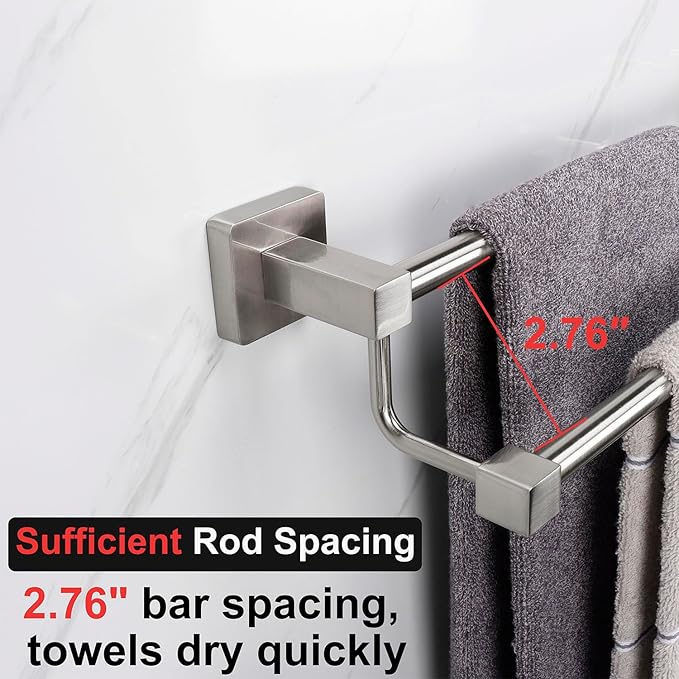 TocTen Double Bath Towel Bar - Thicken SUS304 Stainless Steel Towel Rack for Bathroom, Bathroom Accessories Double Towel Rod Heavy Duty Wall Mounted Square Towel Holder(Brushed Nickel, 30 INCH)