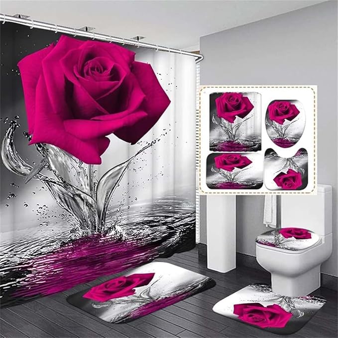 Rose Bathroom Sets with Shower Curtain and Rugs Water Rose Shower Curtain Set with Non-Slip Rugs,Bath Mat,Toilet Lid Cover and 12 Strong Hooks,Modern Style Shower Curtain for Bathroom