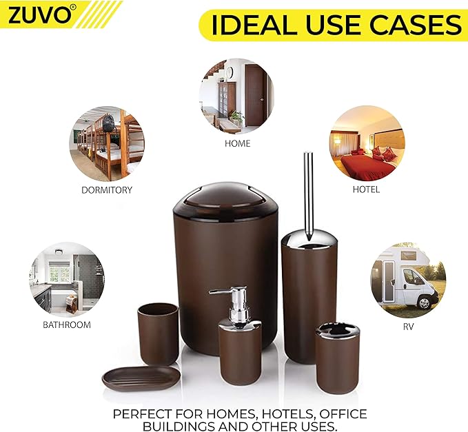 Bathroom Accessories Set 6 Piece -(Trashcan, Soap Dispenser, Toothbrush Holder, Soap Dish,Toilet Brush) for Decorative Countertop and Housewarming Gift (Brown)