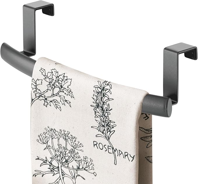 mDesign Steel Over Door Curved Towel Bar Storage, Hanger for Cabinet or Cupboard, Holder Rack for Kitchen, Bathroom - Holds Hand/Dish Towels, Washcloths - Spira Collection - 2 Pack - Graphite Gray