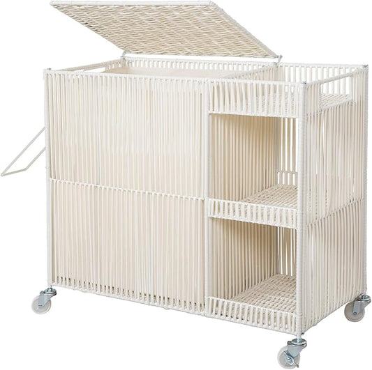 WOWLIVE Laundry Hamper with Wheels, Handwoven Laundry Basket with Lid, Shelves, Rolling Clothes Hamper with Removable Liner Bag, 110L Large Laundry Sorter Laundry Room Organization, White
