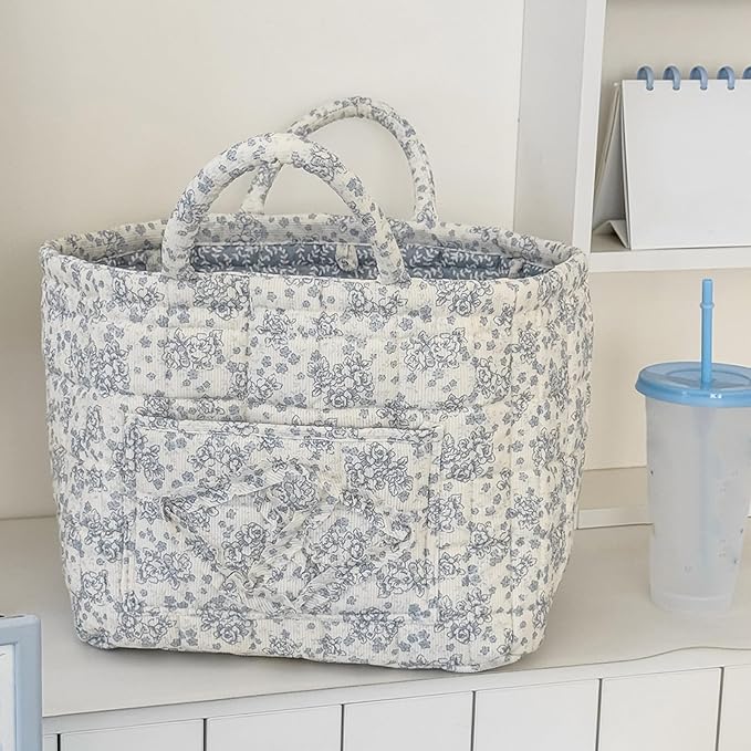 Quilted Fabric Basket Car Storage Basket Boho Floral Laundry Hamper for Nursery Bedroom & Living Room | Organize Clothes Toys