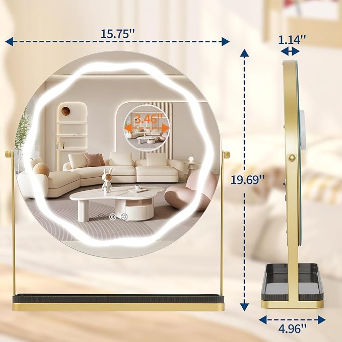 IDEALHOUSE Mirror with Lights, Three Color Adjustable LED Lighting, Removable Storage Case, 360° Rotation, Smart Touch Controls, Suitable for Desks/Bedrooms, Easy Assembly, Gold