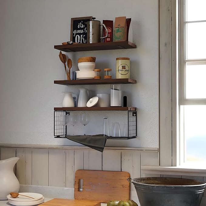 Bathroom Shelves Over Toilet, Set of 3 Wall Mounted Floating Shelves with Storage Basket Rustic Wood Shelf for Home Organization, Wall Decor for Bathroom, Kitchen, Living Room. (Brown)