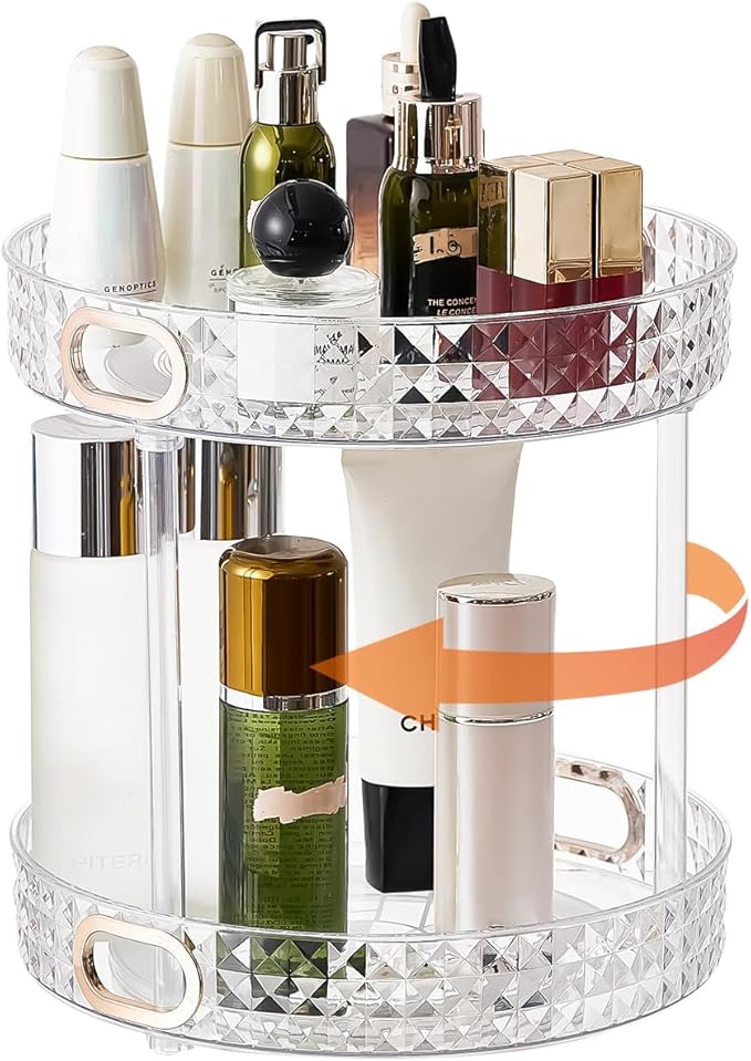 360?? Rotating Makeup Organizer, 2 Tier Large Perfume Organizers with Portable Handle for Vanity Bathroom Countertop, Bathroom Counter Organizer for Cosmetics Skincare Perfume