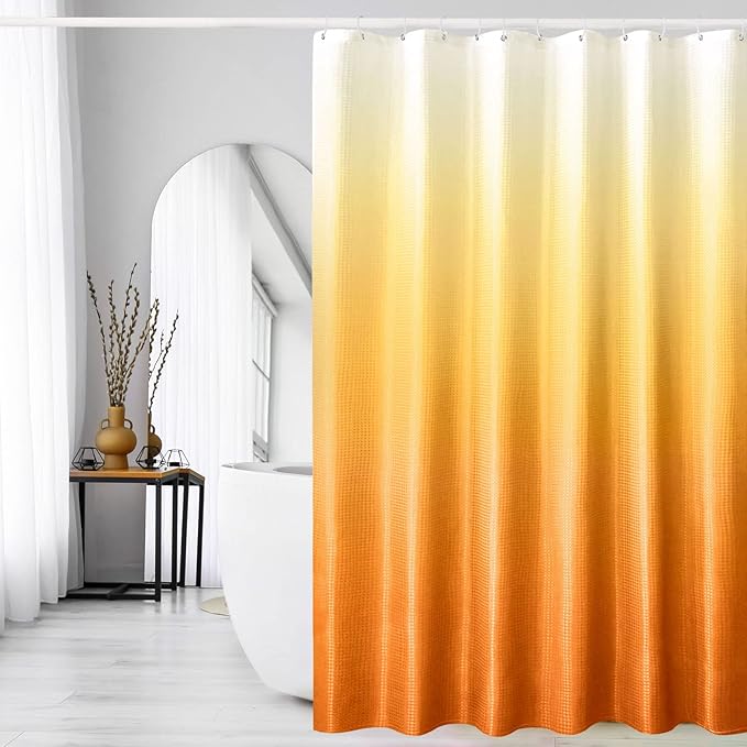 Gibelle Orange Shower Curtain, Ombre Waffle Weave Fabric Shower Curtain for Bathroom Set with Hooks, Water Repellent and Machine Washable, 72 x 72
