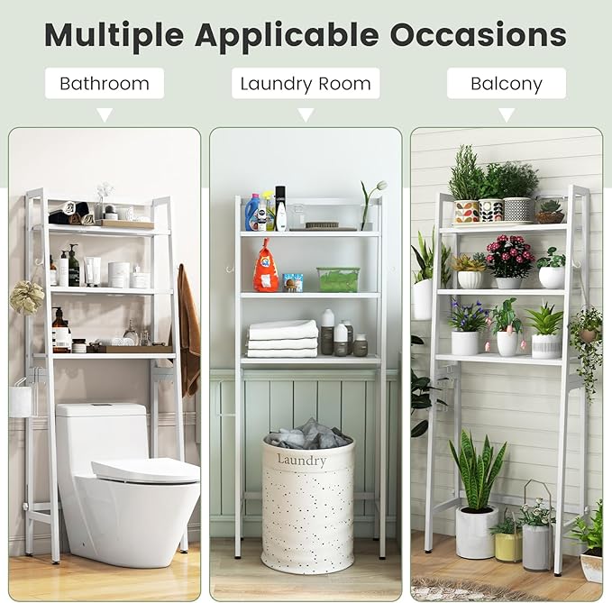 Nightcore Over-The-Toilet Storage, 3-Tier Freestanding Bathroom Organizer Shelf w/ 2 Hanging Hooks & Toilet Paper Holder, Multifunctional Metal Toilet Storage Rack for Bathroom Laundry (White)