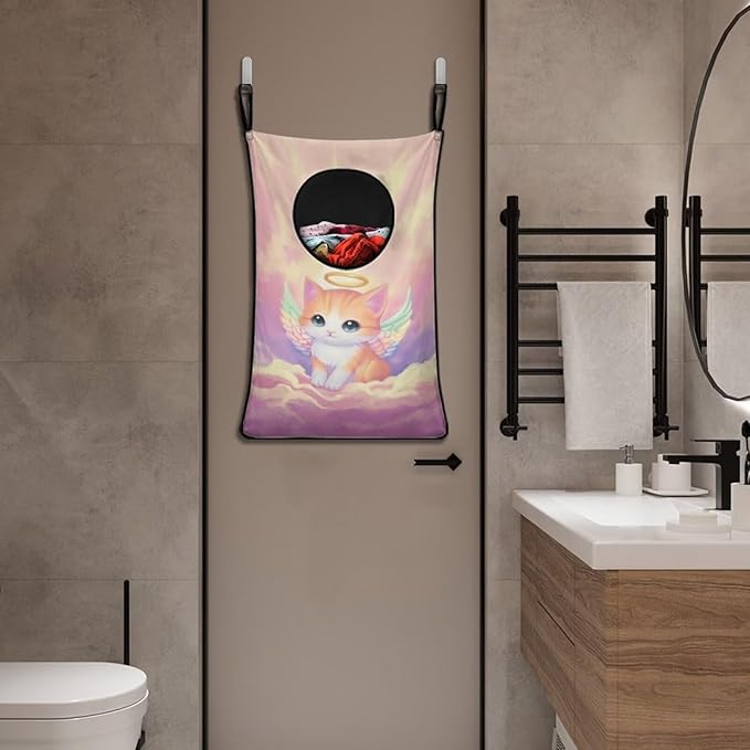 ZOUTAIRONG Cute Hanging Laundry Bag Basketball Over The Door Cartoon Cat Laundry Hamper Zipper Laundry Basket Storage Organizers for Bedroom/Bathroom/Dorm/Closet