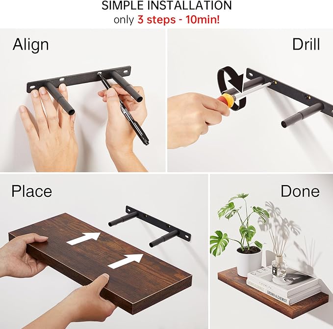 BAYKA Floating Shelves Bathroom for Wall – Shelf Over Toilet Farmhouse Rustic Wood for Bedroom, Kitchen, or Living Room Decor Organization Display Shelving – Rustic Brown, Set of 3 (Pack of 2)