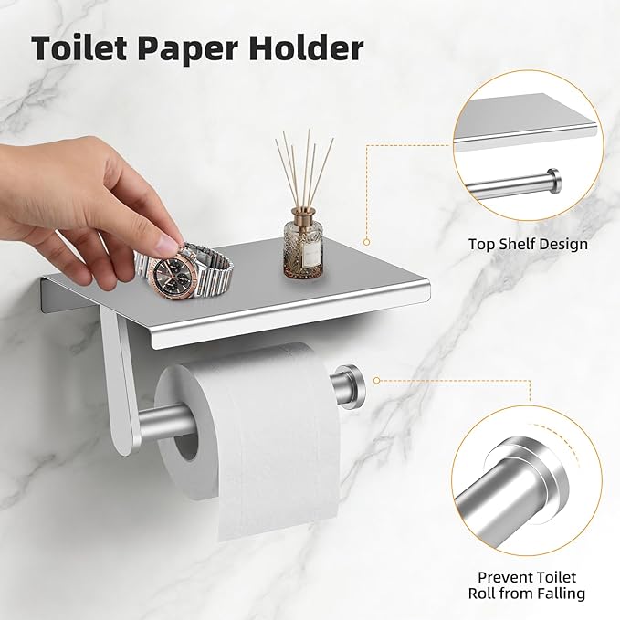 Brushed Nickel 5-Piece Bathroom Hardware Set, SUS304 Stainless Steel, Round Towel Bar, Towel Ring, Toilet Paper Holder, 2 Robe Hooks, Concealed Mount, Wall Mounted Accessories for Bathroom