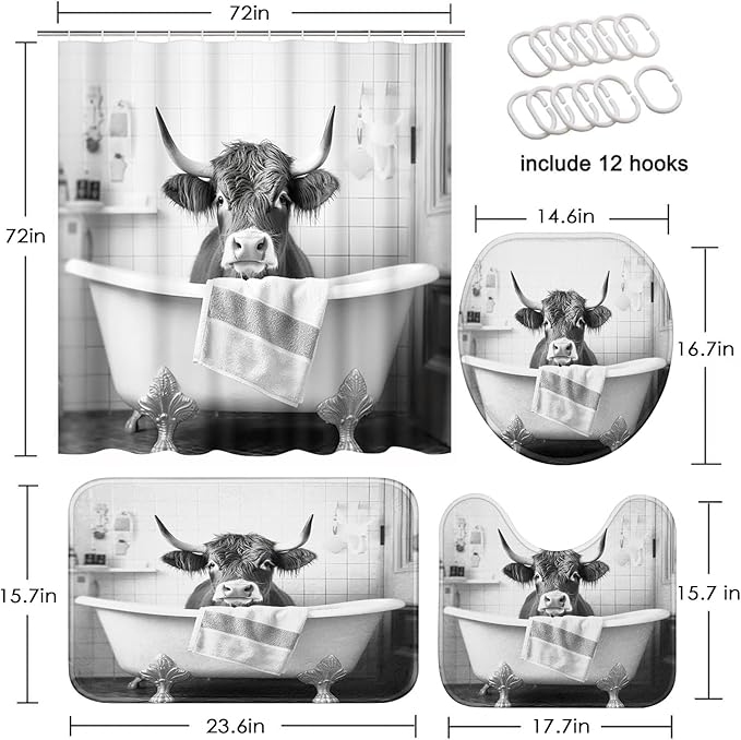 ArtSocket Highland Cow Bathroom Set with Shower Curtain and Rugs and Accessories, Funny Farmhouse Bull in Bathtub Cute Grey Shower Curtain for Bathroom Decor 4 Pcs