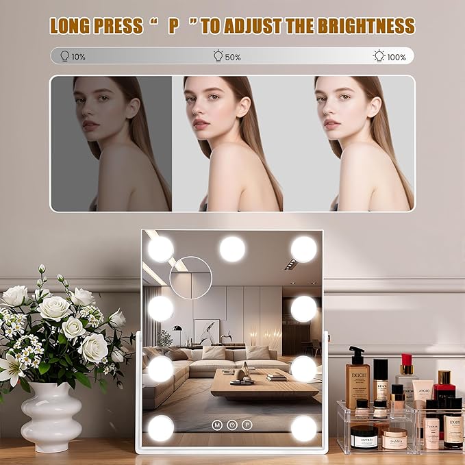 Rechargeable Vanity Mirror with Lights, 16"×10" Hollywood Makeup Mirror with 9 Dimmable Bulbs, 3000mAH Battery, 3-Color Lighting, Dimmable, 10x Magnification, Desk Mirror, Dorm Room Essentials (White)