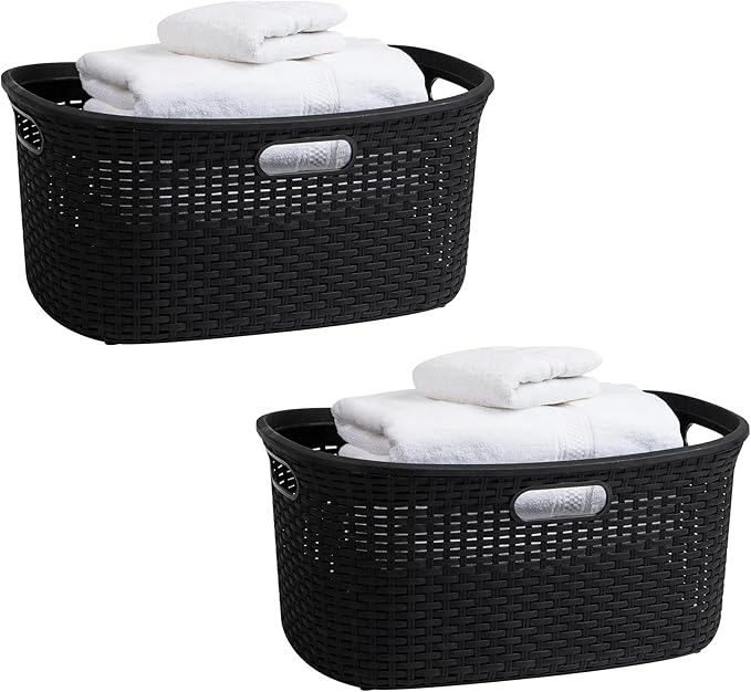 Mind Reader 40L Laundry Basket, Clothes Hamper, Premium Wicker Design, Plastic, Set of 2, Black