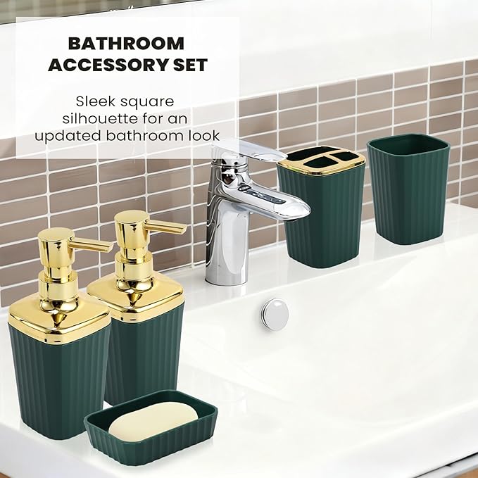 XLHOMO 9-Piece Dark Green Bathroom Accessories Set - Slim Pop-up Trash Can with Lid, Toilet Brush, Soap Dispenser & Apothecary Jars - Luxury Emerald Decor for Small Spaces