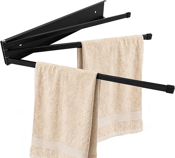 Swivel Towel Rack Wall Mounted, 16" Extra Long 3-Arm Swing Out Towel Holder, Matte Black Stainless Steel Space Saving Towel Bar for Bathroom, Kitchen, RV