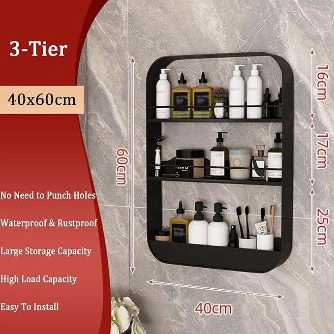 Wall Mount Organizer Floating Bathroom Shelves No Drill Adhesive Makeup Storage Rack Hang Decorative Over The Toilet Shelf(Black,40x60cm)