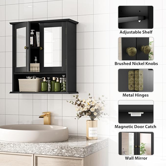 Bathroom Wall Cabinet, Black Bathroom Cabinet with 2 Mirror Doors and Adjustable Shelf, Wall-Mounted, Medicine Cabinet, 21.5" W x 7.8" D x 23.6" H