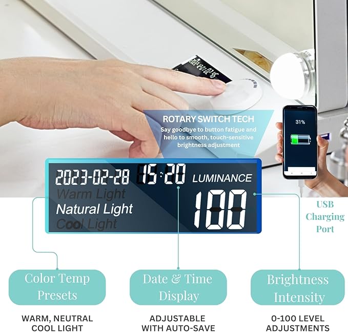 LUXFURNI Vanity Mirror with Lights, Makeup Mirrors Hollywood Mirror with 15 LED Bulbs, 3 Colors Modes & Adjustable Brightness, 10x Magnification, USB Charging