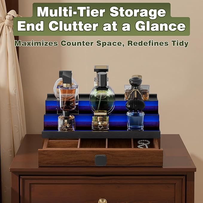 Perfume Cologne Organizer for Men: with LED Light 3 Tier Wooden Perfumes Stand, Desktop Parfum Holder Wood Display Shelf with Cabinet, Bedroom Makeup Lotion Jewelry Storage Rack with Drawer