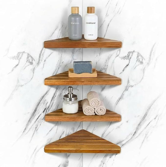 ENKEZI Acacia 2,3,4 Tiers Corner Shower Shelf, Triangular Corner Shelf Wooden Bathroom Shelf for Tiled Wall, Shower Corner Shelf, No Drilling Requied (4)