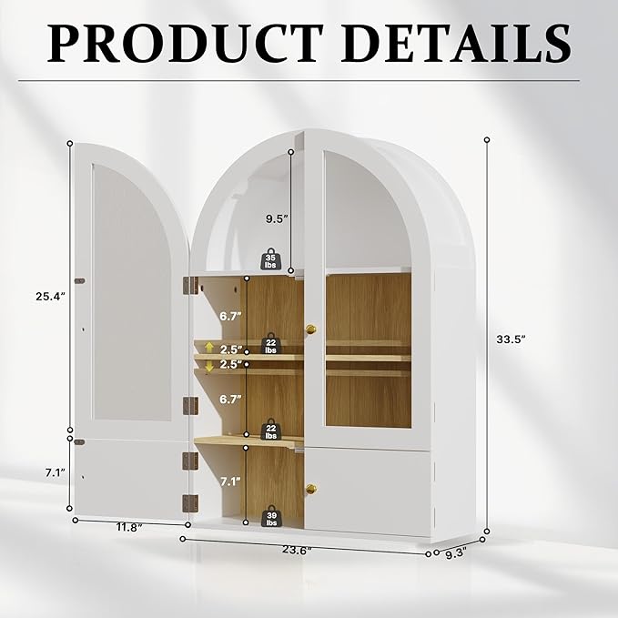BREEZEHEAT Arched Medicine Cabinet with Extra Storage, Glass Doors & Adjustable Shelf -Wall Mounted Over Toilet Cabinet for Bathroom, Kitchen, Laundry Room, Smooth Glossy White, 23.6x33.5 Inch