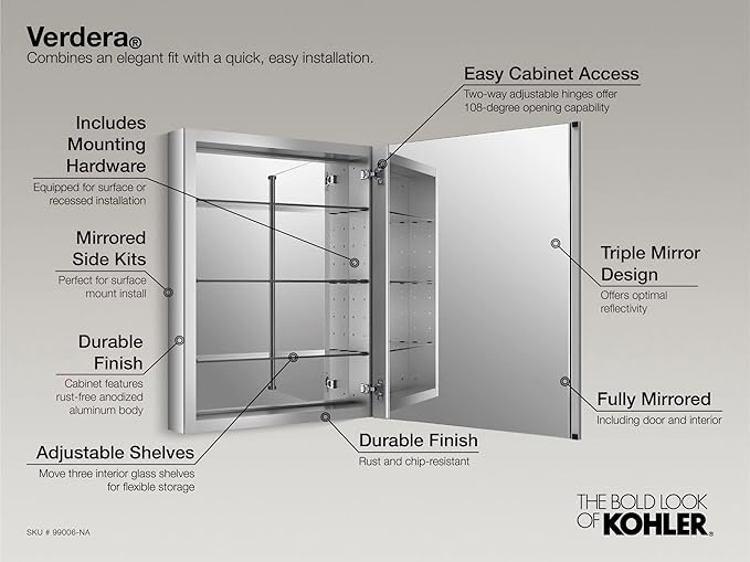 KOHLER K-28031-NA Verdera Medicine Cabinet with Slow-Close Mirror Door & Adjustable Shelves, Rectangular Frame, 24" x 40"