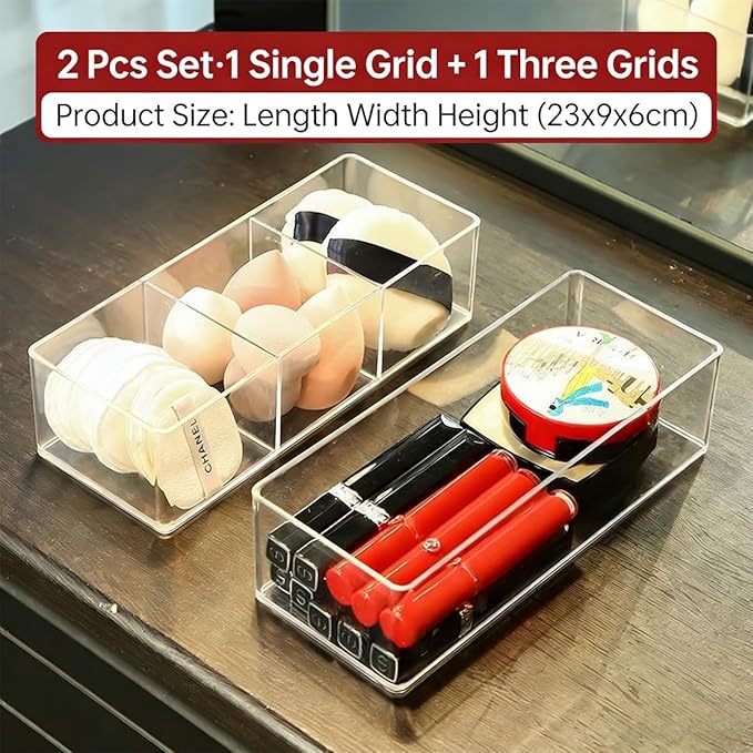 Acrylic Makeup Organizer: Drawer Organizer for Bathroom - Stackable Cosmetic Display Cases for Vanity Countertop and Makeup Storage Containers (3-Compartment)