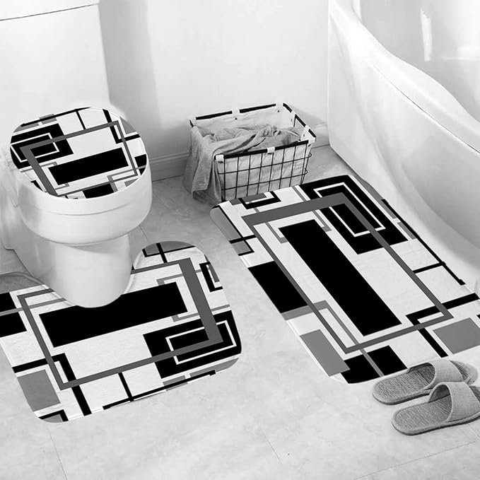 Onalasyc 4Pcs Black Geometric Shower Curtain with Rugs Set Waterproof Black Bathroom Sets with Shower Curtain and Rugs Abstract Geometric Modern Bathroom Curtains Shower Set with 12 pcs Hooks