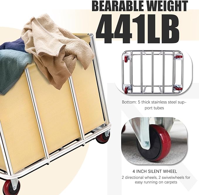 Commercial Laundry Cart with Wheels, 400L Large Rolling Laundry Cart with Steel Frame and Oxford Cloth, Heavy Duty Industrial Laundry Cart for Home,Hotel,Laundry Room, 441 lbs Load (Beige-8)
