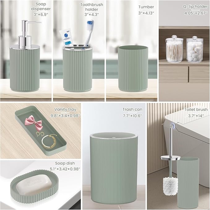Sage Green Bathroom Accessories Set, 10PC Bathroom Set, Bath Accessory with Pop Up Trash Can, Soap Dispenser, Toilet Brush, Toothbrush Set Qtip Holders & Tray