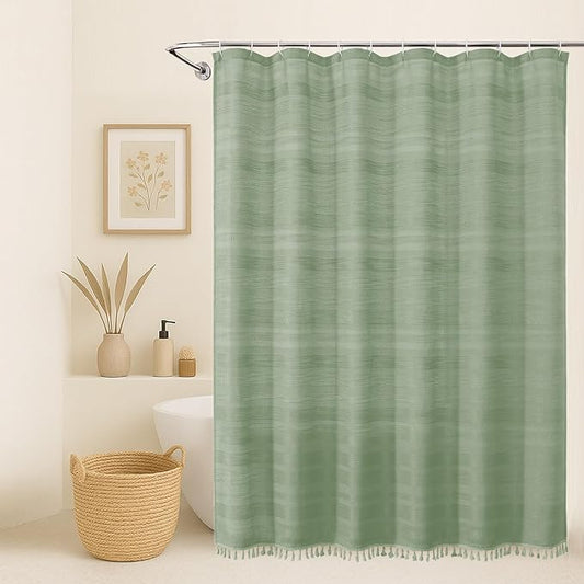 OVZME Light Green Shower Curtain for Bathroom, Boho Linen Textured Shower Curtain with Tassel, Rustic Striped Heavy Duty Vintage Country Bathroom Curtain, 72Wx72L Inches