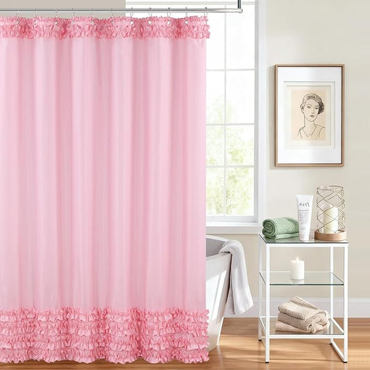 Ruffle Shower Curtain, Pink Girls Women Fabric Shower Curtain with Delicate Handcrafted Ruffles, Waterproof Ruched Farmhouse Decorative Bathroom Curtain, 72" W x 72" H