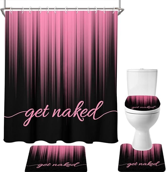 AAtter 4 Piece Pink and Black Shower Curtain Set Get Naked Ombre Girls Women 60Wx72L Curtains Decor with Non-Slip Rugs, Toilet Lid Cover and Bath Mat Bathroom Accessorie Home Bathtub Set, Gradient