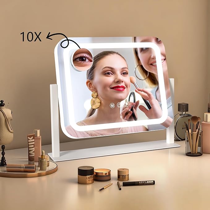 Ratsamee Vanity Mirror with Lights 14"×12", Led Makeup Mirror, Lighted Makeup Mirror with 3 Color Dimmable Lights, Smart Touch Screen Control, 360°Rotation