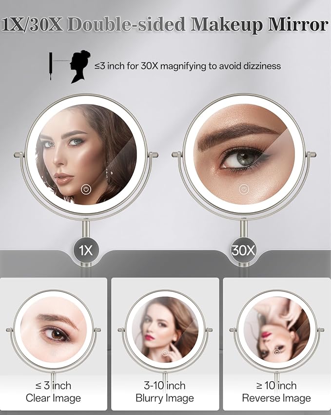 vpu Makeup Mirror with Lights, 1X/30X Lighted Magnifying Mirror Height Adjustable, 3000mAh Rechargeable Double Sided Vanity Mirrors with 3 LED Lighting and Adjustable Brightness for Desk Women Gift
