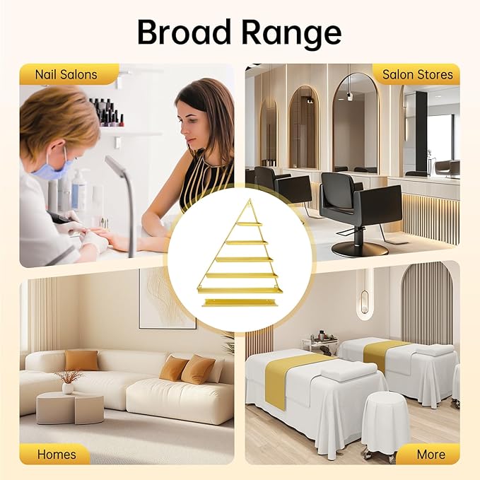 Wall-Mounted Nail Polish Rack, Set of 6 Triangular Gold Nail Polish Shelf Lipstick Perfume Cosmetic Display Shelf for Home Spa Nail Salon Shop