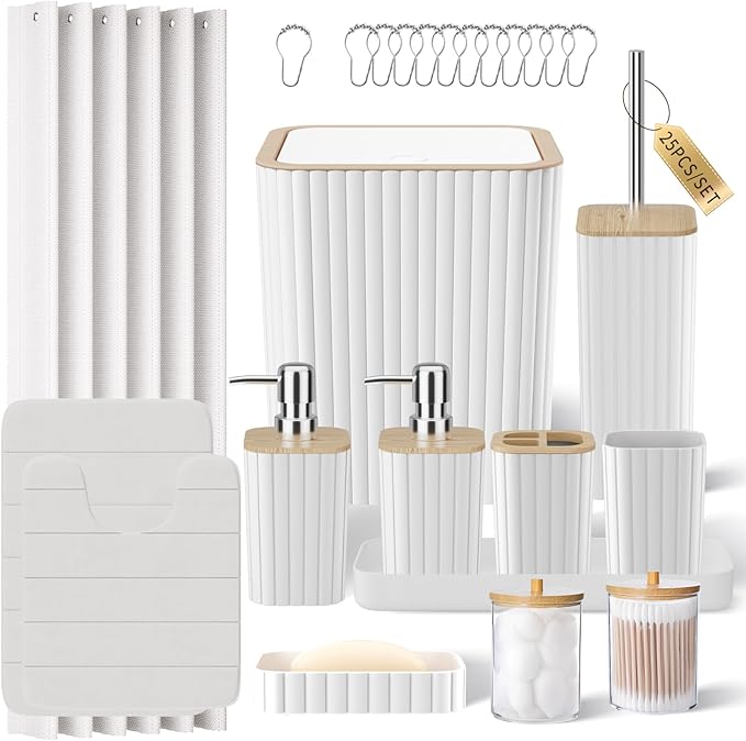 XLHOMO Bathroom Set - 25PC White Bathroom Set with Shower Curtain and Rugs, Bathroom Accessories Set, White Shower Curtain Set with Bathroom Trash Can