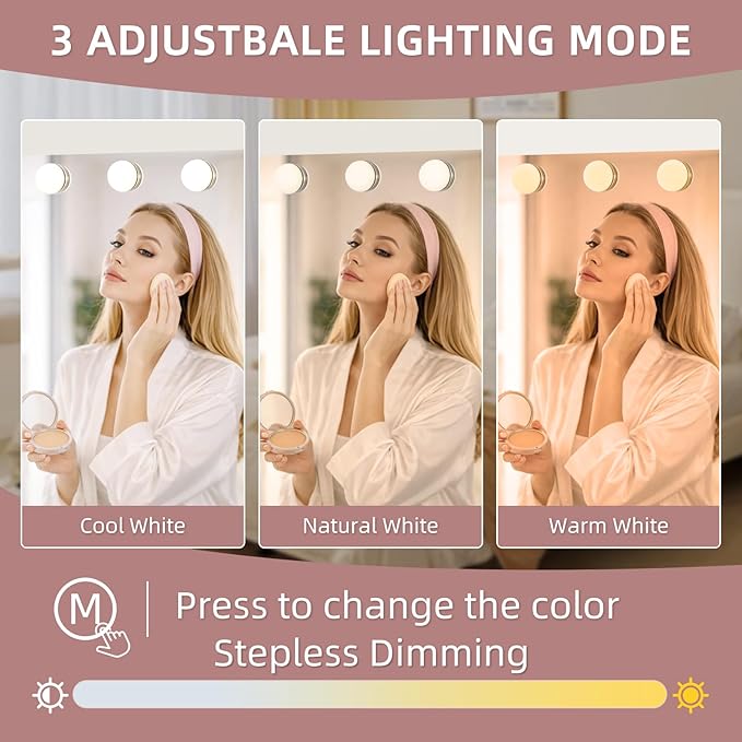 Hollywood Vanity Mirror with Lights, 22.05"x18.11" Hollywood Mirror with 10X Magnification, 3 Color Lighting Modes & 15 Dimmable LED Bulbs Makeup Vanity Mirror for Desk Wall-Mounted