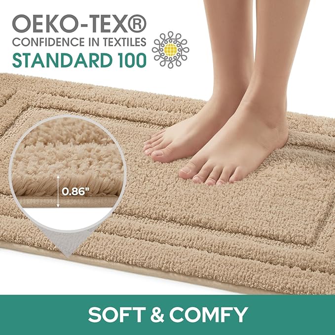 HOMEIDEAS Bathroom Rugs Sets 3 Piece, Super Soft and Absorbent Non Slip Microfiber Toilet Bath Mat with U-Shaped for Bathroom, Farmhouse (Khaki)